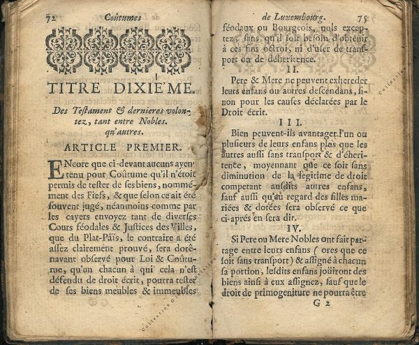 Coutumes Générales des Pays Duché de Luxembourg pages 74 - 75